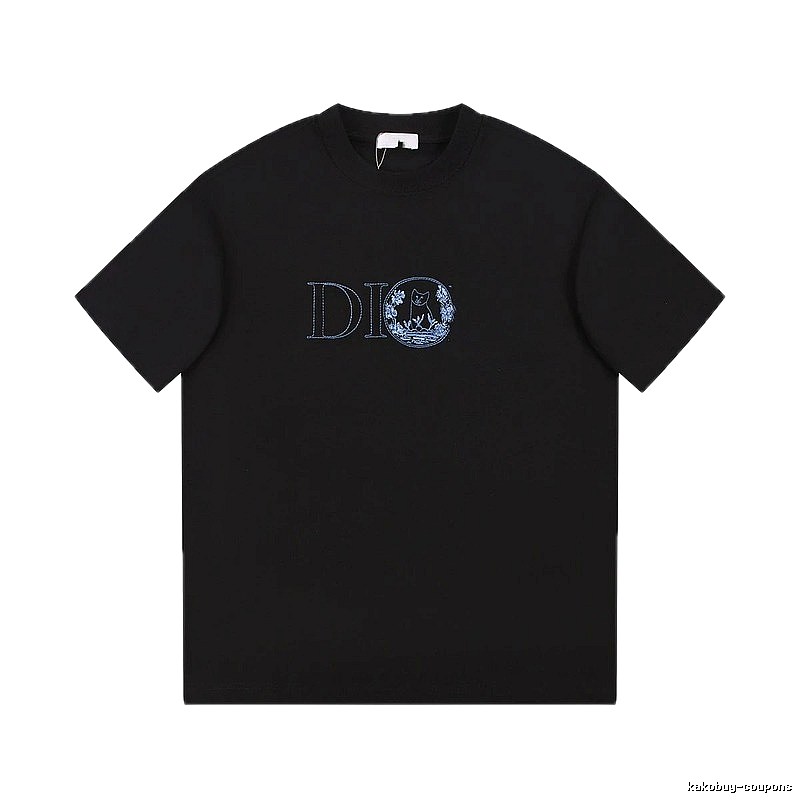 Dior Cat-Embroidered Casual Black T-Shirt