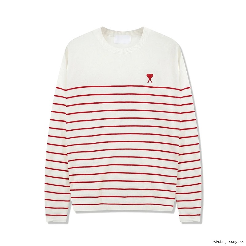 AMI Stripe Heart White Sweater