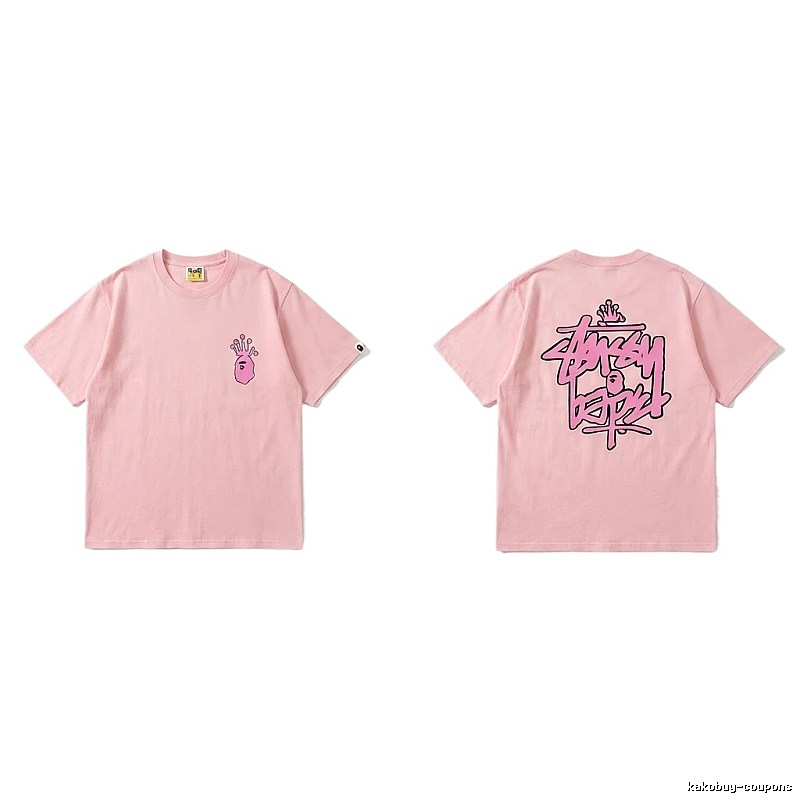 Bape Crown Print Trendy Cool Pink T-shirt