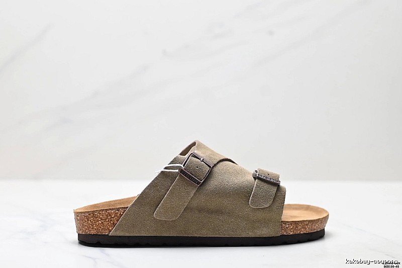 Birkenstock Vintage-Style Double-Buckle Khaki Cork Slide Sandals