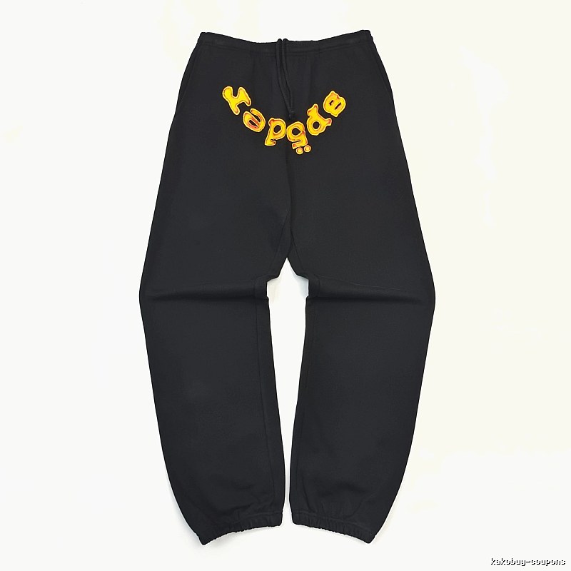 Bold Yellow Wordmark Graphics And Cuffed Hems Black Sp5der Logo Sweatpants