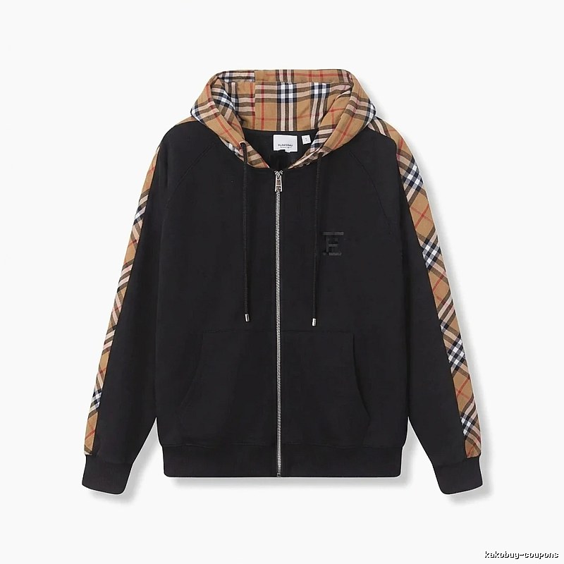 Burberry checkered pattern spliced black hoodie