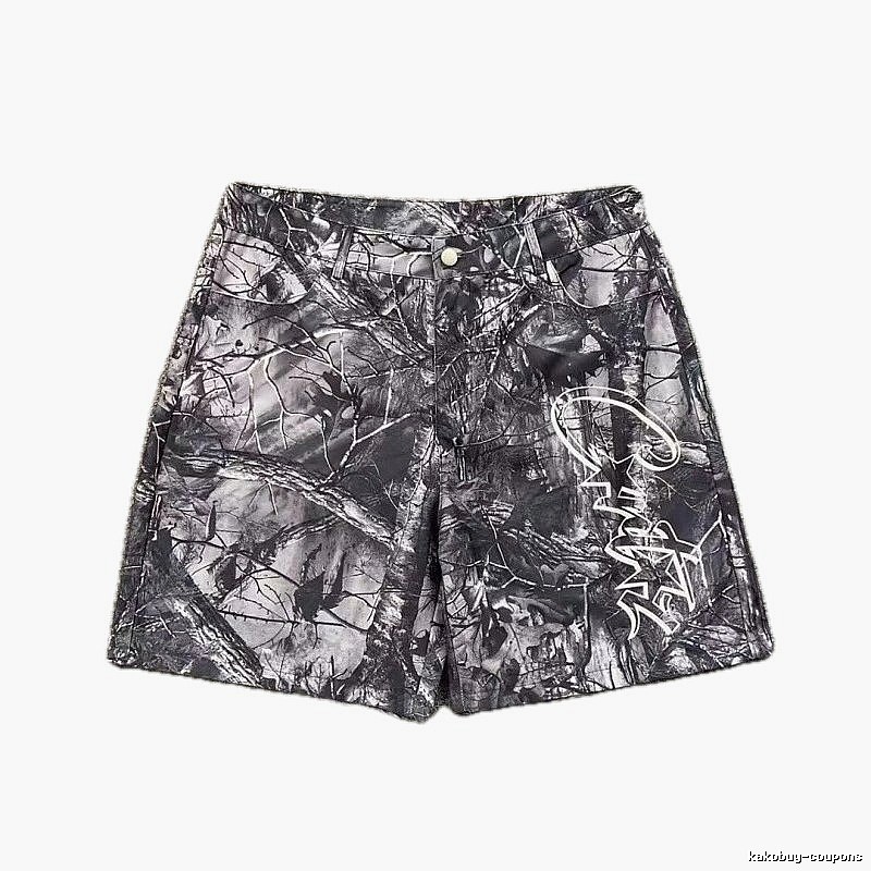 Corteiz Street Style Black and Grey Tree Grain Camouflage Shorts
