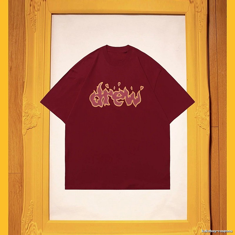 DREW Flame Heart Street Style Burgundy Short Sleeve T-Shirt