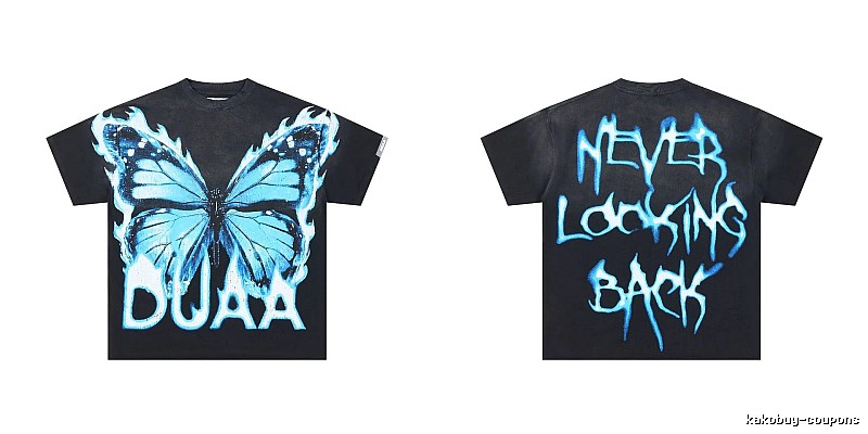 DUAA Butterfly Print Street Style Black and Blue Short-sleeved T-shirt