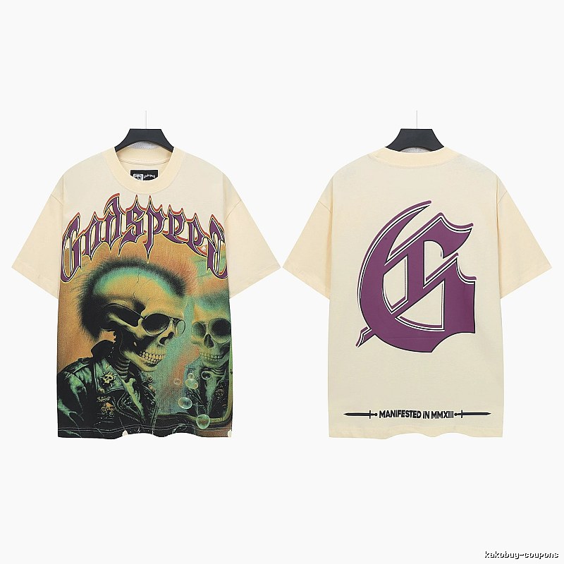 Godspeed Skull Print Gothic Style Beige Short Sleeve T-Shirt