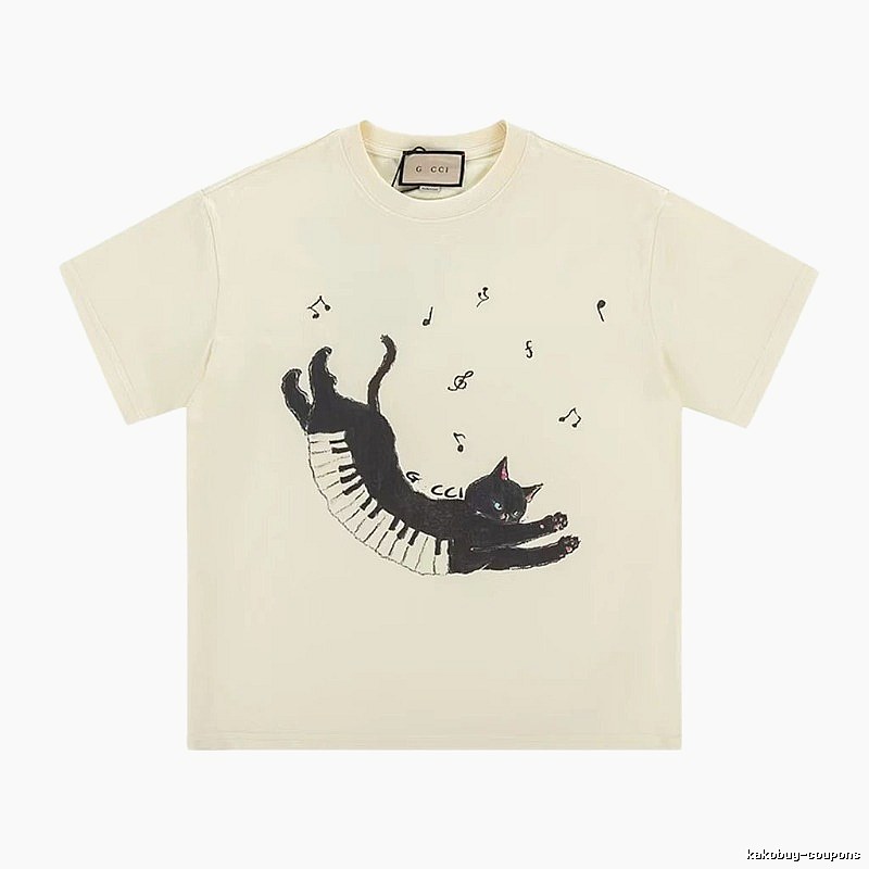 Gucci Artistic Style Cat Print Off-white Short-sleeve T-shirt