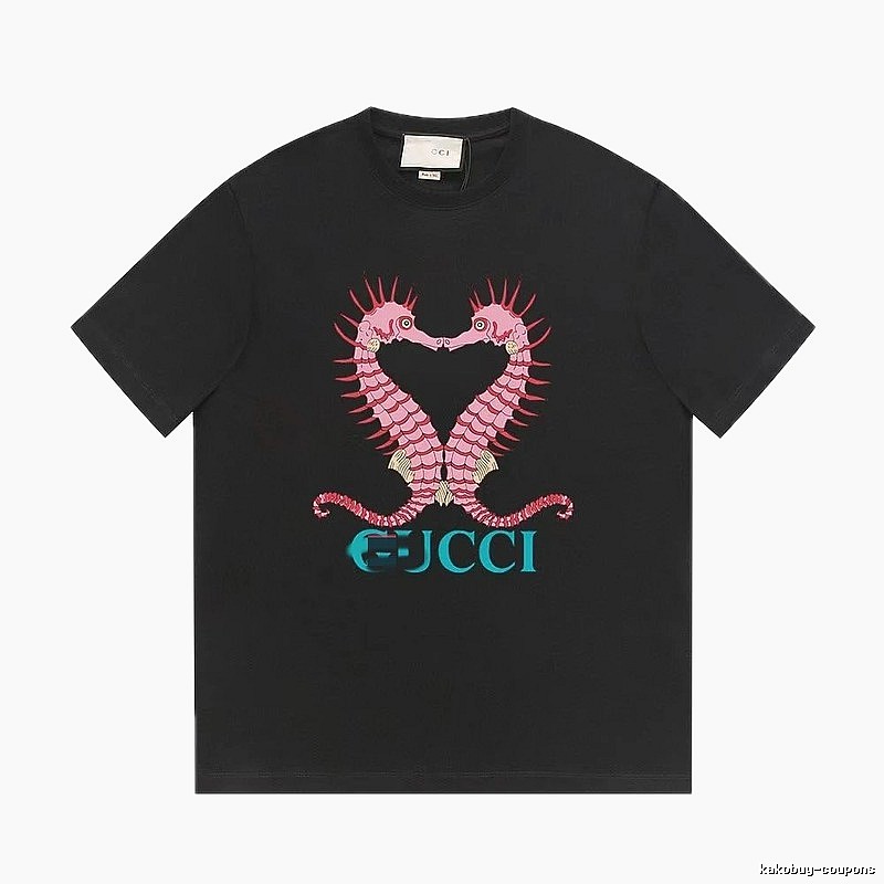 Gucci Double Seahorse Print Trendy Style Black T-Shirt