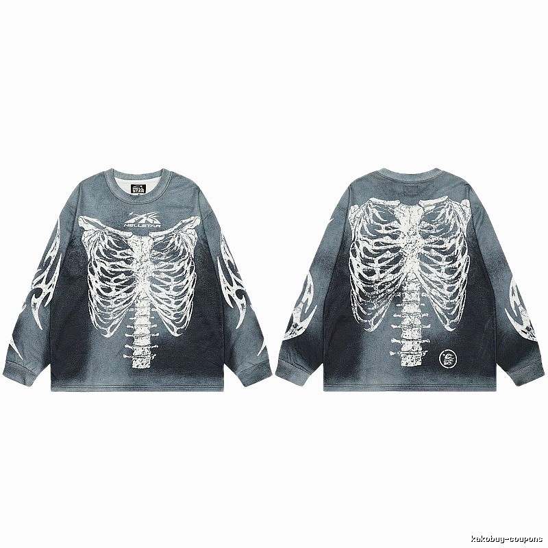 Hellstar Skull Print Street Style Vintage Grey Long Sleeve T-shirt