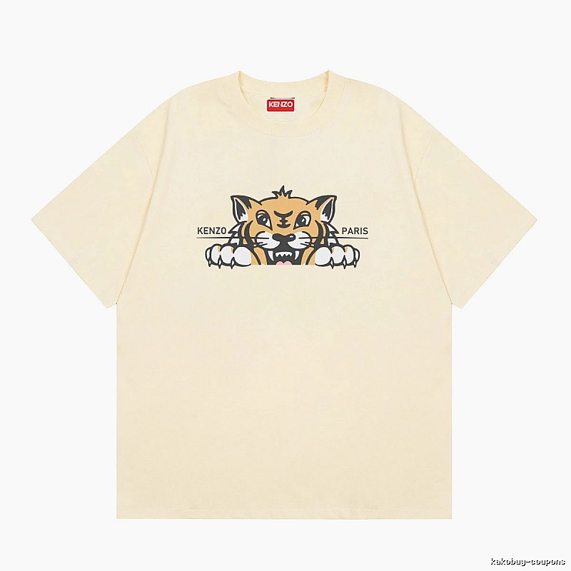 KENZO Tiger Head Print Streetwear Style Beige Short Sleeve T-Shirt
