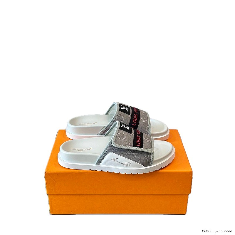 Louis Vuitton Classic Monogram Light Luxury Gray and White Slide Sandals