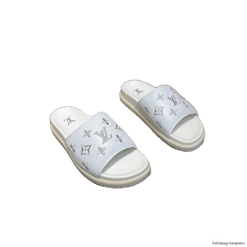 Louis Vuitton Monogram Embroidered Trendy Style White Slippers