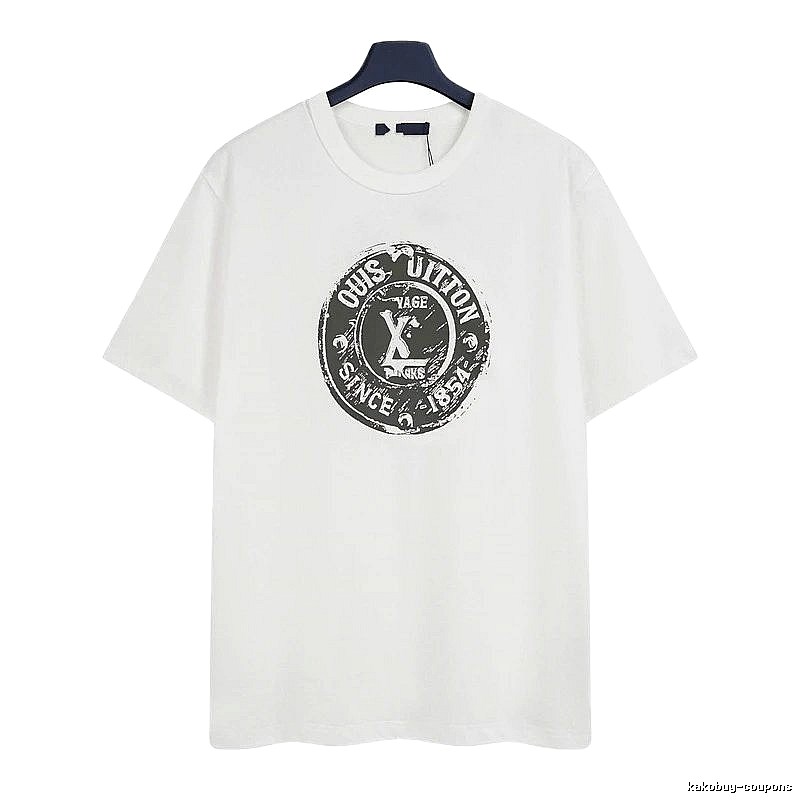 Louis Vuitton Vintage-style Distressed Stamp Print White T-Shirt