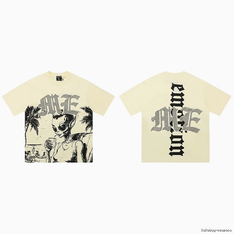 Mixed Emotion Alien Print Street Style Beige T-Shirt