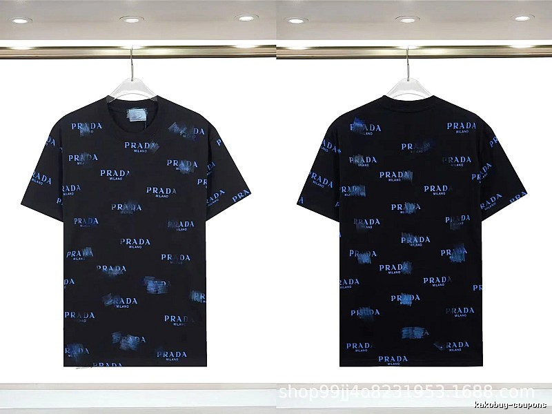Prada All-over Printed Streetwear Style Black Short-sleeve T-shirt