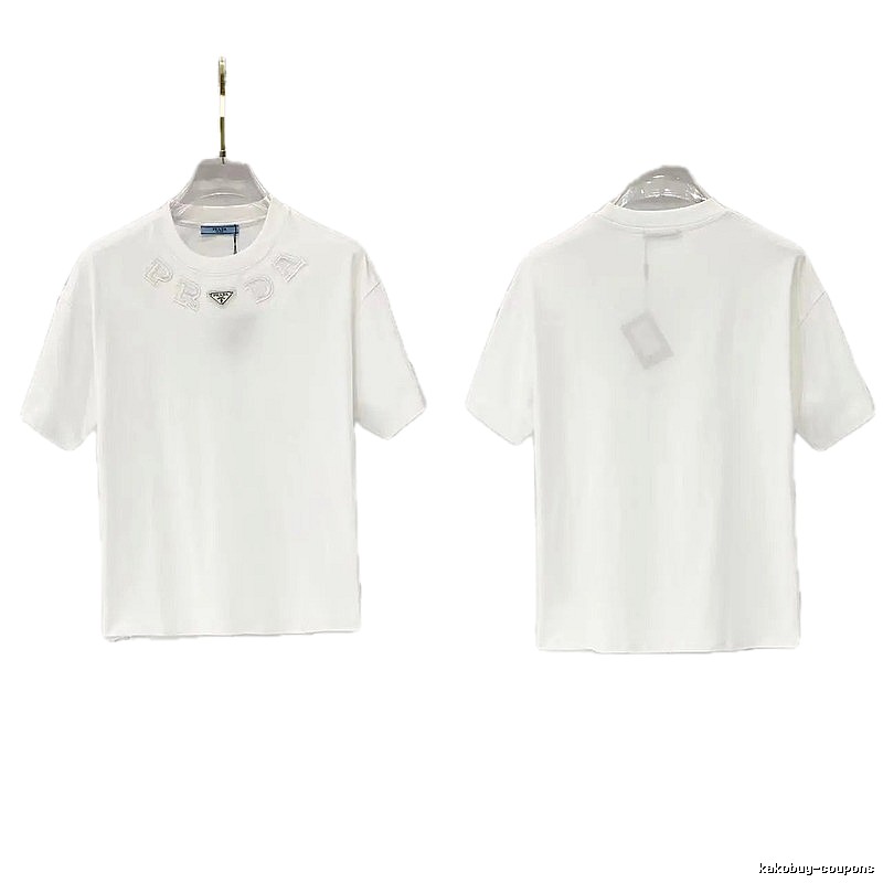 Prada Embroidered Minimalist Style White Short-sleeved T-shirt
