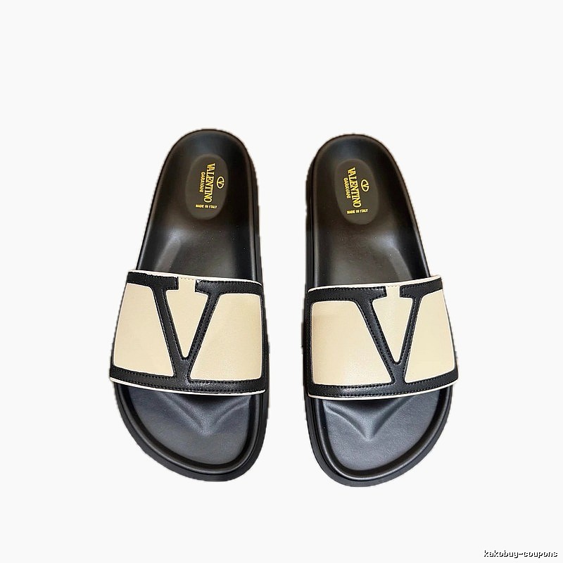 Valentino Big V Light Luxury Style Beige and Black Color-block Slide Sandals